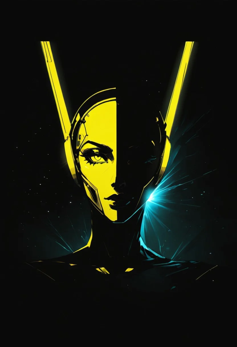 score_9, score_8_up, score_7_up, inksketch, n30nfilm, [[Silhouette Art]], Abstract ,surreal vivid,simple painted, newage (cyborg) spacegirl with long vibrant hair, high collar, seductive, yellow-black ,Light fountain in Outer space, made of lines, vertical lines, horizontal lines, Portrait Made of intertwining lines, weaving over and under each other throughout the frame, emphasis effect, moire effect, awash in yellow and lime shades, seamlessly extends the lines,. Flat style