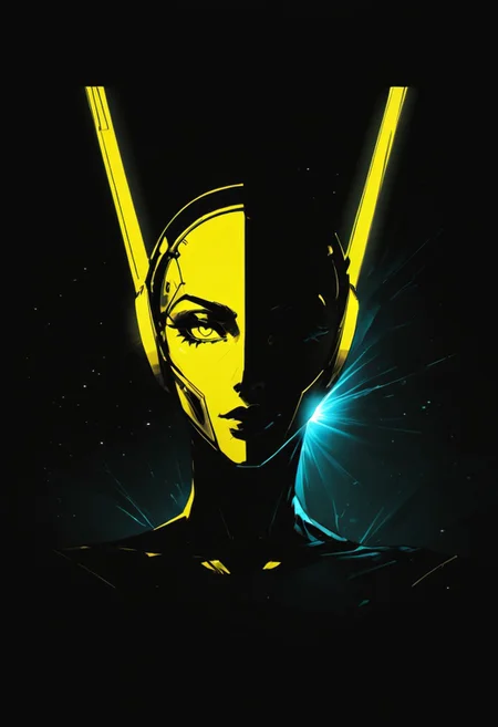 score_9, score_8_up, score_7_up, inksketch, n30nfilm, [[Silhouette Art]], Abstract ,surreal vivid,simple painted, newage (cyborg) spacegirl with long vibrant hair, high collar, seductive, yellow-black ,Light fountain in Outer space, made of lines, vertical lines, horizontal lines, Portrait Made of intertwining lines, weaving over and under each other throughout the frame, emphasis effect, moire effect, awash in yellow and lime shades, seamlessly extends the lines,. Flat style