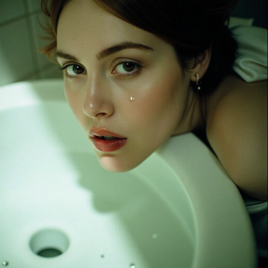 analog film photo surrealist art ultra realistic, ultra detailed, ultra quality, ultra lighting, cinematic, ethereal ambience, ethereal presence, artistic analog close-up of a woman leaning over a porcelain bathroom sink filled with pastel-tinted water, her face catching cool overhead light, small water droplets clinging to her jawline and collarbone, loosely tied white shirt soaked at the neckline, lipstick slightly blurred, her reflection distorted in the rippling surface below but cropped out of frame, shot on Olympus OM-1 with Portra 160, soft color shifts and delicate grain texture, surreal realism with tactile quietness
 <lora:Beautifulartisticportraitsv.1.4:1> aesthetic, surr34l . dreamlike, mysterious, provocative, symbolic, intricate, detailed, RAW candid cinema, 16mm, color graded portra 400 film, remarkable color, ultra realistic, textured skin, remarkable detailed pupils, realistic dull skin noise, visible skin detail, skin fuzz, dry skin, shot with cinematic camera . faded film, desaturated, 35mm photo, grainy, vignette, vintage, Kodachrome, Lomography, stained, highly detailed, found footage