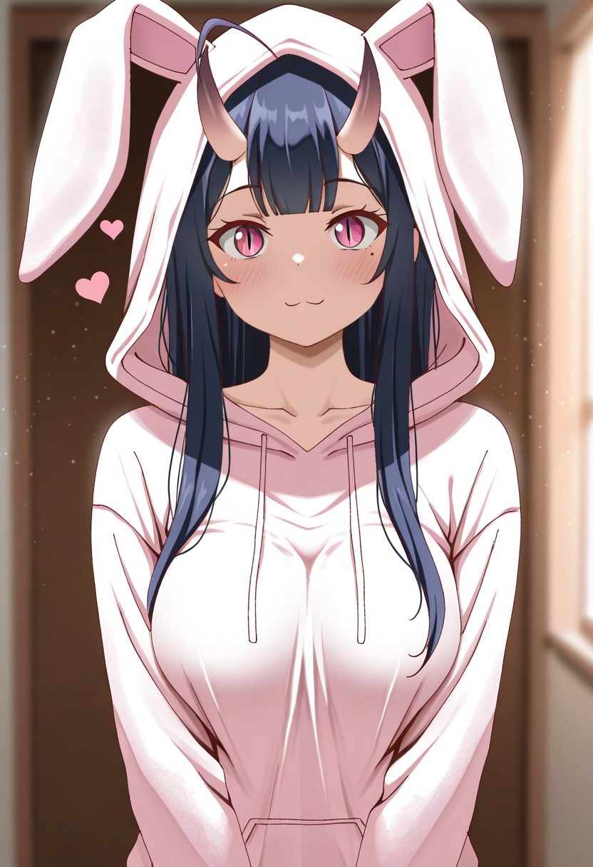 masterpiece, cute, lovely, newest, absurdres, (best quality:1.3), amazing quality, very aesthetic, 1girl, solo, high_resolution, hq, 4k, BREAK. high gradient eyes, very cute, light particles, cute details, cute colors, mature woman, (Poa_Mellhen_Style), oni, oni horns, dark blue hair, straight hair, very_long_hair, blunt bangs, pink eyes, slit pupils, (medium breasts:1.2), sagging_breasts, :3, ahoge, BREAK, in the style of cksc, depth of field,detailed background, volumetric lighting,godrays, detailed eyes,expressive eyes,highres, blurry, heart, long_sleeves, looking_at_viewer, mole ,mole_under_eye, sharp_maker, cinematic lighting, detailed clothes, vivid colors, fine texture, harajuku rabbit ear jacket, hoodie, hood up, rabbit ears,