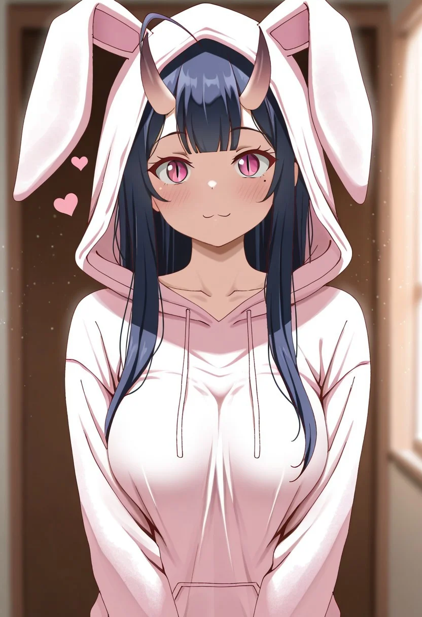 masterpiece, cute, lovely, newest, absurdres, (best quality:1.3), amazing quality, very aesthetic, 1girl, solo, high_resolution, hq, 4k, BREAK. high gradient eyes, very cute, light particles, cute details, cute colors, mature woman, (Poa_Mellhen_Style), oni, oni horns, dark blue hair, straight hair, very_long_hair, blunt bangs, pink eyes, slit pupils, (medium breasts:1.2), sagging_breasts, :3, ahoge, BREAK, in the style of cksc, depth of field,detailed background, volumetric lighting,godrays, detailed eyes,expressive eyes,highres, blurry, heart, long_sleeves, looking_at_viewer, mole ,mole_under_eye, sharp_maker, cinematic lighting, detailed clothes, vivid colors, fine texture, harajuku rabbit ear jacket, hoodie, hood up, rabbit ears,