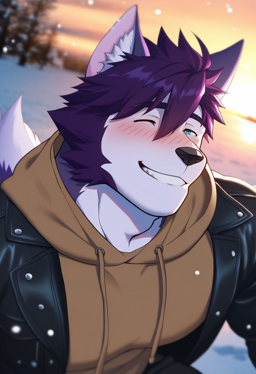 <lora:WalterAFCL:1>, walter, wolf boy, white fur, two-tone fur, blue eyes, perfecteyes, short hair, purple hair, wolf tail, mucualar, bara, athletic build, large pectorals, furry male, furry, solo, 1boy, beautiful, very aesthetic, hyper-detailed, depth of field, amazing quality, highres, high sharpness, dynamic angle, cinematic lighting, detailed background, outside, snow, brown hoodie, leather jacket, open jacket, black pants, close up, face focus, portrait, smile, ^_^, posing, blushing, mouth open