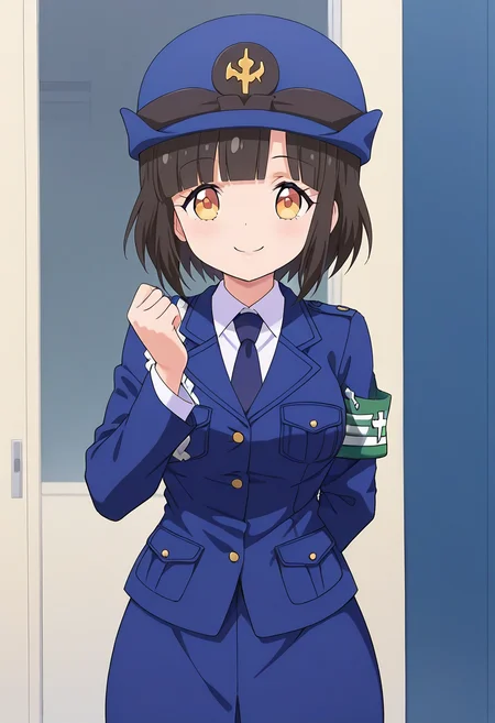 best quality, 1girl, banamei, short hair, blunt bangs, blue headwear, blue jacket, long sleeves, aiguillette, collared shirt, blue necktie, blue skirt, armband, smile, looking at viewer, <lora:banamei_s_il:1>