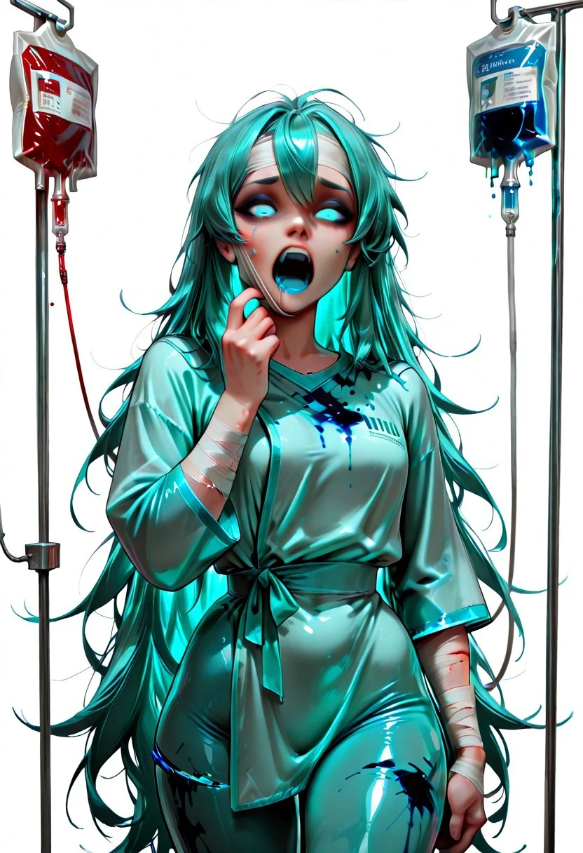 channelstyle, solo, intravenous drip, long hair, hospital gown, bandages, bandaged head, blood, 1girl, aqua eyes, looking at viewer, very long hair, pants, simple background, aqua hair, open mouth, hatsune miku, injury, messy hair, bandaid, empty blood bag, shirt, bandaged arm, cowboy shot, white background, long sleeves, hair down,blue screen of death, glitch,vomiting,
Blue Vomit, masterpiece, best quality, very aesthetic, g0th1c, glowing, neon lights, glowing eyes,, masterpiece, best quality, very aesthetic, easynegative, ltxdoll, (color) dollmask, (color) bodysuit,, covered eyes, covered mouth, covered face,, maskpull, pulling mask,, O-shaped mouth, open mouth, (color) O-ring, (color) inner mouth,, Dollmouth, open mouth, (color) lips, (color) inner mouth,, white eyes, eyebrows, eyeshadow,