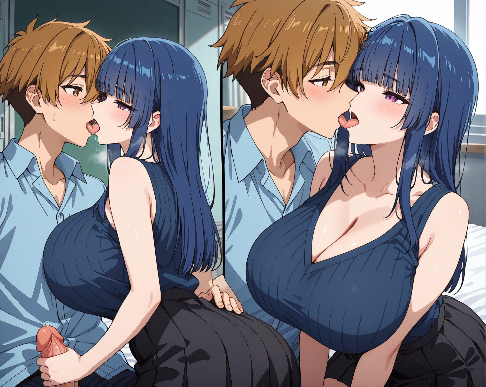 masterpiece,best quality,amazing quality,very aesthetic,absurdres,newest, huge filesize,anime.2D,
<lora:spo_sdxl_10ep_4k-data_lora_webui:0.5>,
1boy, 1girl, hetero, kiss,  french kiss, handjob, penis, open mouth, tongue, precum, 
blue hair female and  brown hair male,
School health room, bed sheet,
BREAK
grace,blunt bangs,miniskirt,  huge breasts,no sleeveless sweater female, bare shoulders, blue sweater  female,cleavage, dark color dress,
blue hair, purple eyes, <lora:You_are_Ms._Servant___Grace:0.7>half-closed eyes, 
 long hair,   black skirt,tight skirt,
BREAK
yokoya, 1boy,  brown eyes, brown hair, hair between eyes, short hair, multicolored clothes, shirt, collared shirt, short sleeves, 
 <lora:Hitoyoshi_Yokoya_-_Pony:0.8>