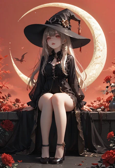 score_9, score_8_up, score_7_up, lvthn, a witch girl, adult, witch hat, fangs, sitting_sideways, full body, red sky, black rose, looking away, clothes with golden embroidery, crescent, <lora:p-skin:1> <lora:sdxl_lightning_8step_lora:1> <lora:LVTHN:1,0,0,0,0,0,0,1,0,0,0,0>