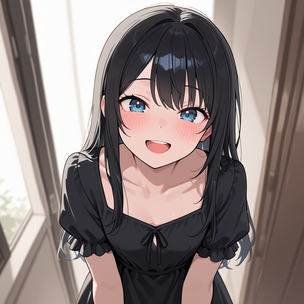 masterpiece, best quality, 32k, high resolution, absurdres, little black dress, POV, looking at viewer, blush, smile, open mouth, upper teeth only