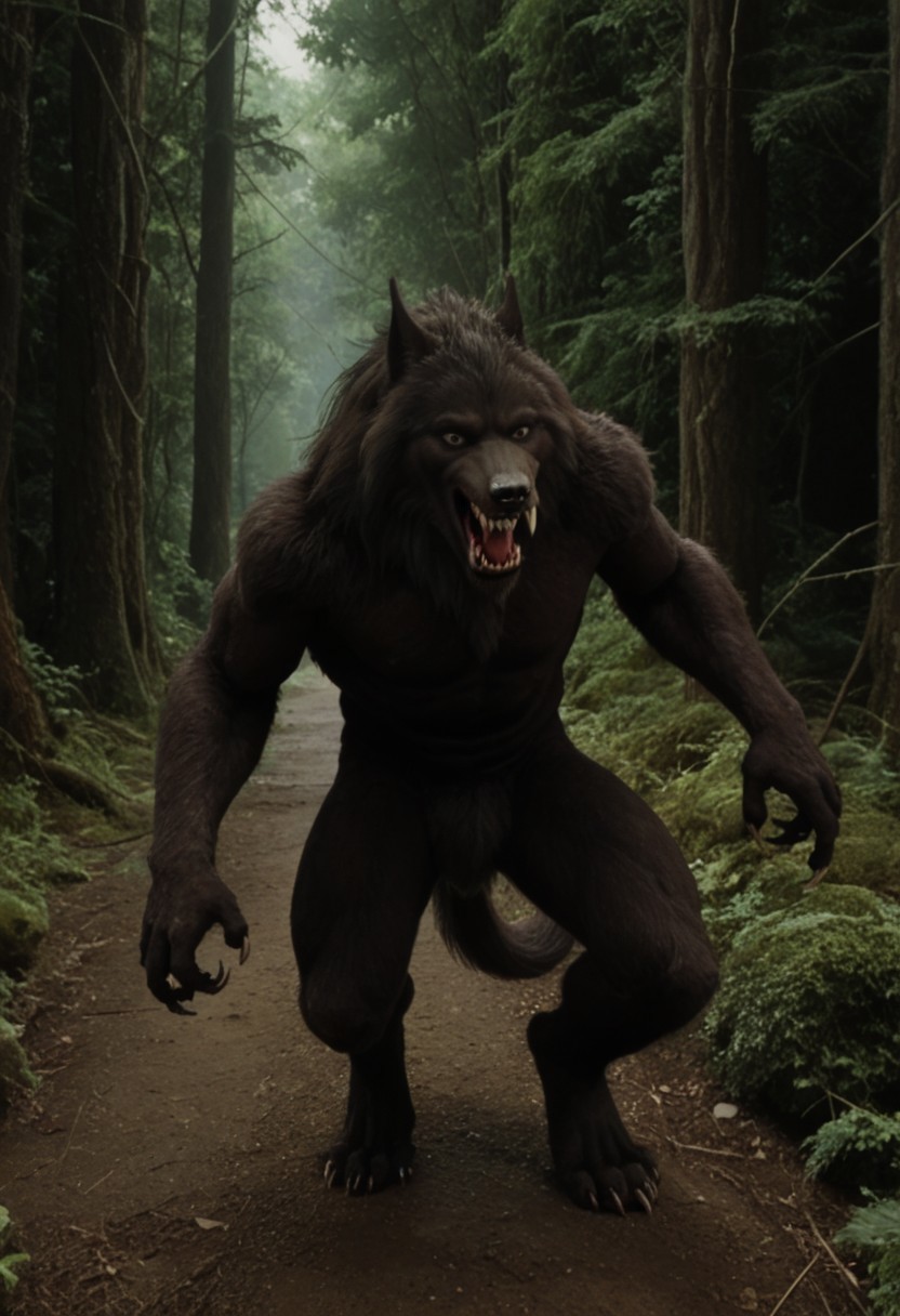 score 9, score 8, score 7, score 6, 1boy, furry male, solo, black fur, animal ears, yellow eyes, sharp teeth, claws, werewolf on down on all paws with tail in the air, (wagging tail, trying to look friendly), forest