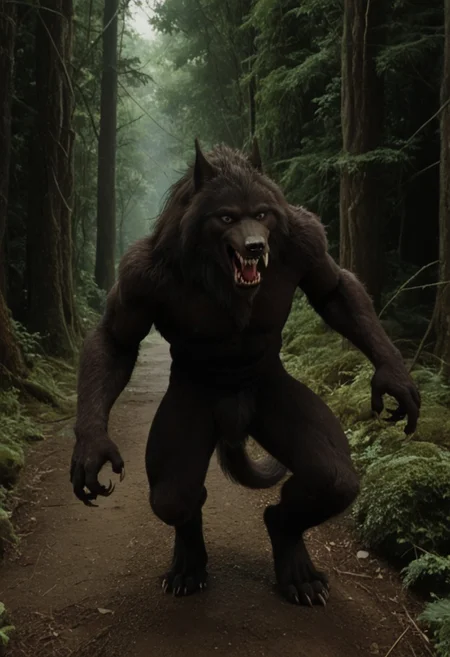 score 9, score 8, score 7, score 6, 1boy, furry male, solo, black fur, animal ears, yellow eyes, sharp teeth, claws, werewolf on down on all paws with tail in the air, (wagging tail, trying to look friendly), forest