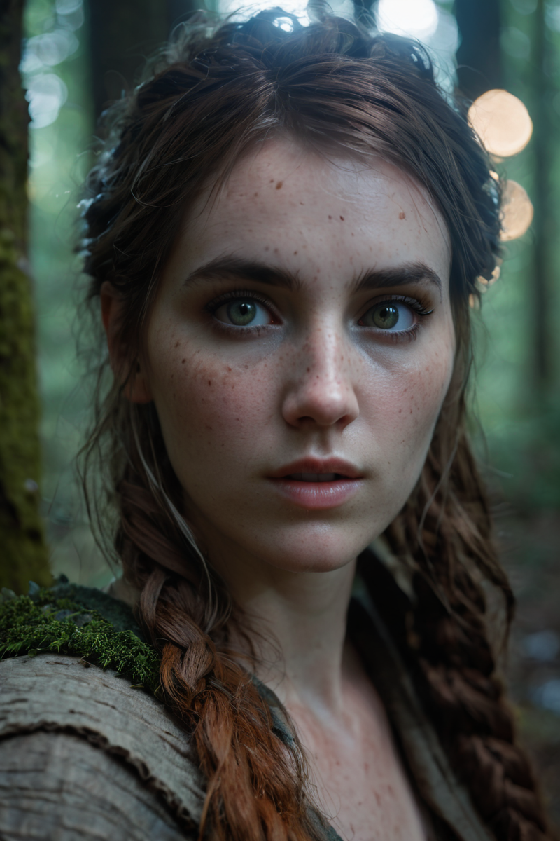 <lora:Ellie_last_of_us_ll_101:0.75> ellie101 cinematic photo as pagan druid in the woods , expression , finely detailed eyes, moody, , epic scene, epic composition, Photography, Cinematic Lighting, Volumetric Lighting, ethereal light, intricate details, extremely detailed volumetric rays 35mm photograph, film, bokeh, professional, 4k, highly detailed