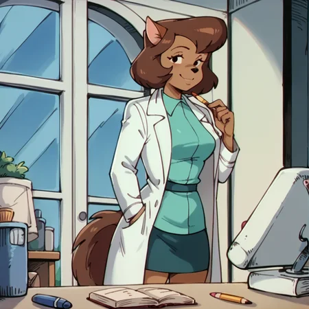 score_9, score_8_up, score_7_up, score_6_up, score_5_up, score_4_up, abbysinian. <lora:abby_sinian:1>, 1girl. solo, smile, breasts, tail, brown fur, short hair, brown hair, indoors, labcoat, collared shirt, smile, aqua shirt, pencil skirt, looking at viewer, detailed, cat ears, standing,