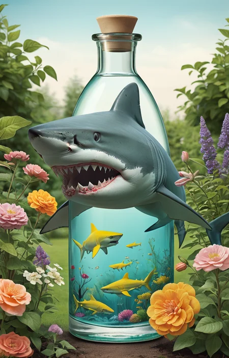 masterpiece,best quality,<lora:tbh336-sdxl:0.6>,illustration,style of massive Swedish shark A bottle of perfume in garden