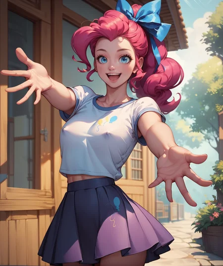 score_9, score_8_up, score_7_up, score_6_up, score_5_up, score_4_up, source_anime, rating_suggestive, (pinkie pie, pale skin), hair ribbon, ponytail,skirt, shirt,  nipple bulge, happy, reaching towards viewer,masterpiece, detailed soft lighting, outdoors,<lora:mfcgXL:1>