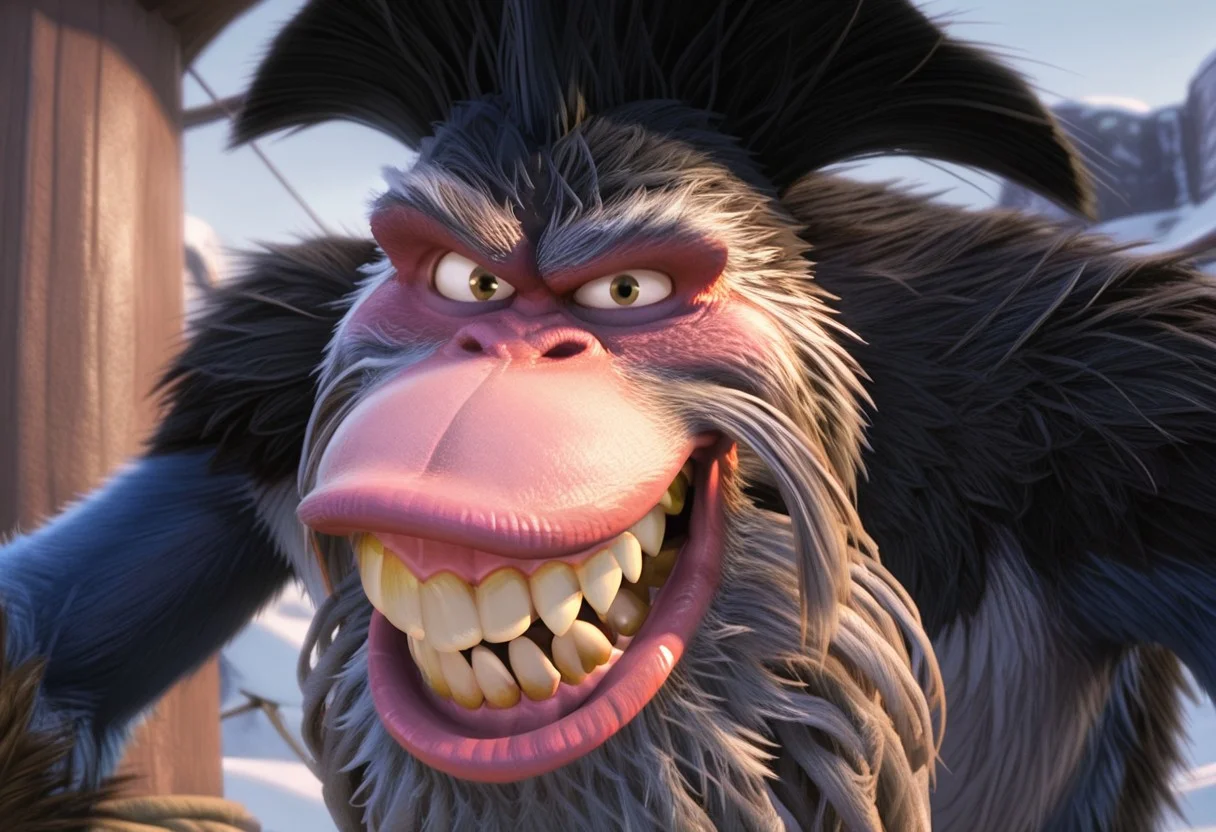 core_9, score_8_up, score_7_up, score_6_up, score_5_up, score_4_up, detailed background, detailed face, 1boy, solo, male, short legs, several gold crowns in the mouth, Captain Gutt. Gigantopithecus, thick fur, crooked teeth, cartoon, long arms, hairstyle, Ice Age Style, 3d, monkey face