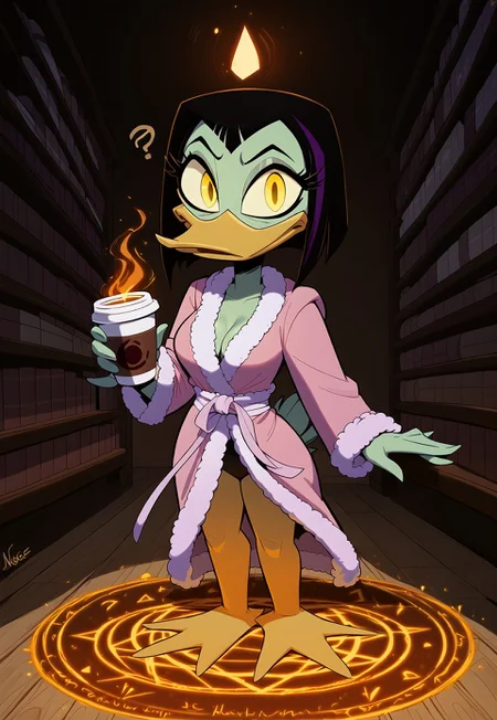 safe_pos, zPDXL3, score_9, score_8_up, score_7_up, Expressiveh, volumetric lighting, dynamic pose, dynamic angle, detailed background, library, fantasy, backlighting, looking at viewer, full body picture, (solo girl), magica de spell, female, anthro, duck, beak, ducktales, black hair, scut tail, green skin, yellow eyes, eye bags, eyeliner, orange legs, webbed feet, (((pink bathrobe, 
holding cup of coffee))), shortstack, cute, medium breasts, (summon, magic circle, glowing magic circle), emerging from summoning circle, swirling magic,,confused facial expression, confused, glowing, ??,?,???, highly detailed, cleavage,
