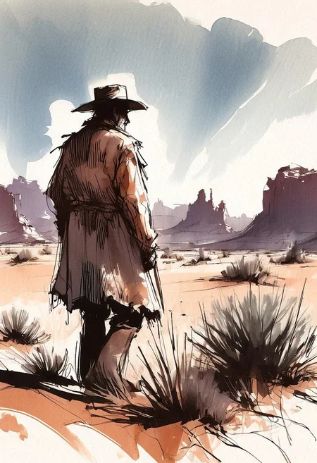 inksketch,
an old cowboy in a duster standing alone in the desert,