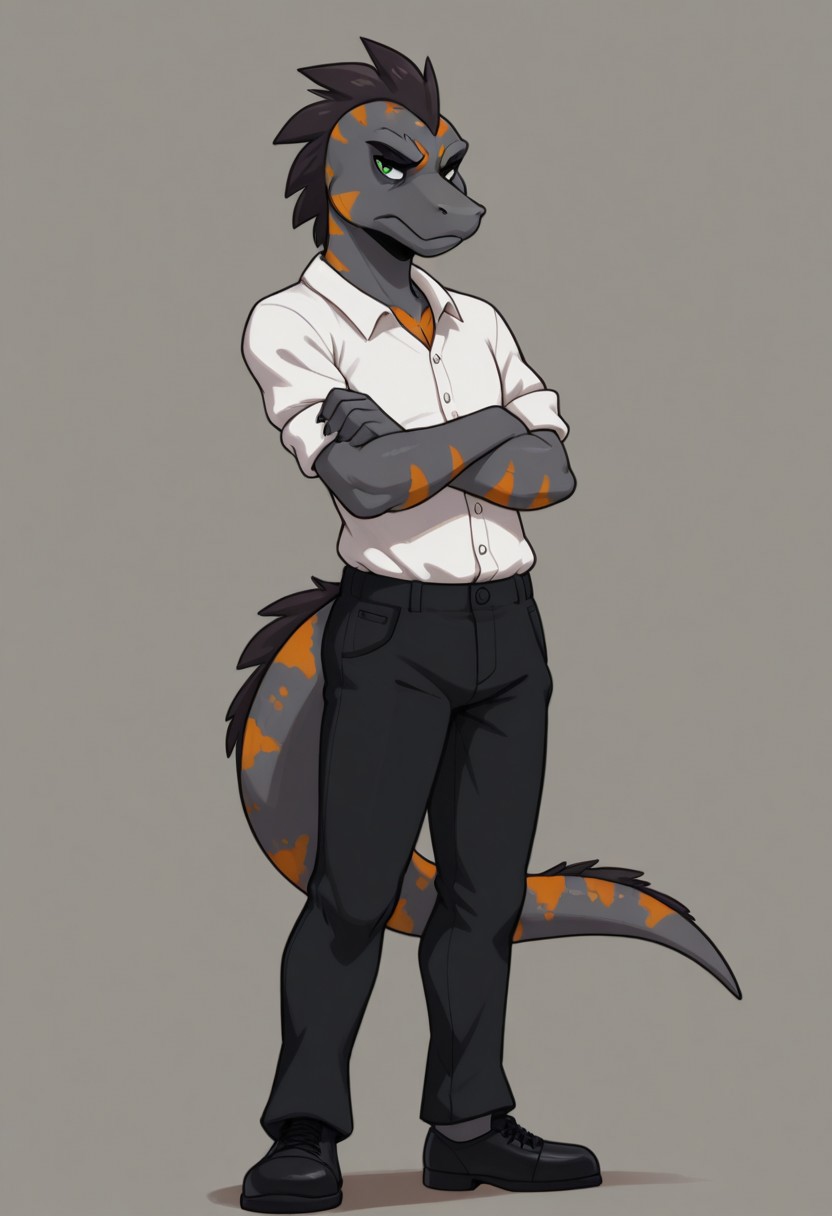 flynnmoore, lizard, gray skin, orange spots, tail, snout, dark hair, green eyes, anthro, furry, male, twink, standing, looking at viewer, grumpy expression, white shirt, black pants, full body, arms crossed,