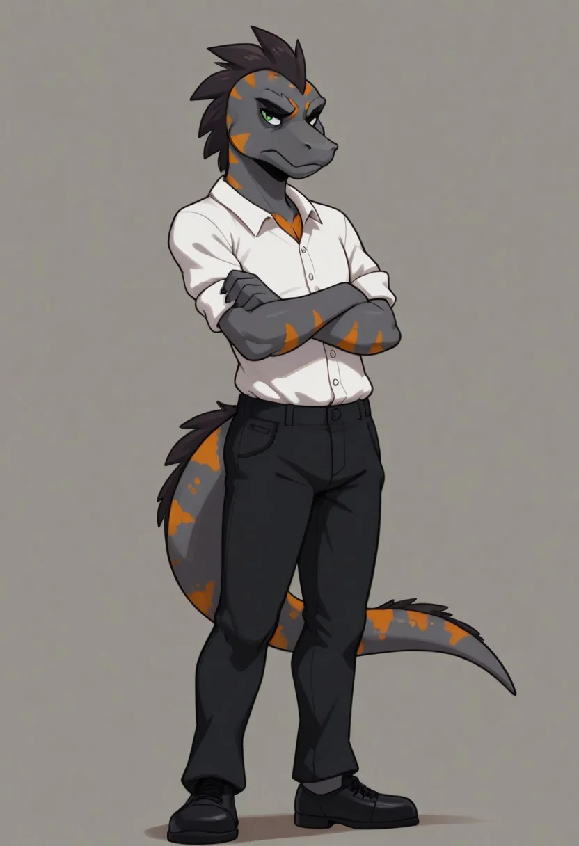 flynnmoore, lizard, gray skin, orange spots, tail, snout, dark hair, green eyes, anthro, furry, male, twink, standing, looking at viewer, grumpy expression, white shirt, black pants, full body, arms crossed,
