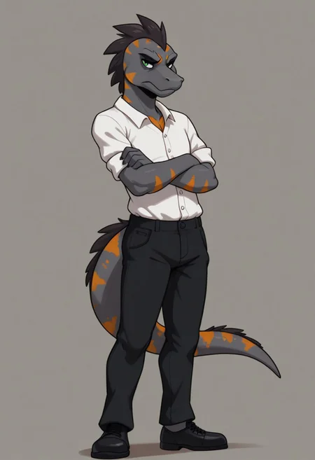flynnmoore, lizard, gray skin, orange spots, tail, snout, dark hair, green eyes, anthro, furry, male, twink, standing, looking at viewer, grumpy expression, white shirt, black pants, full body, arms crossed,