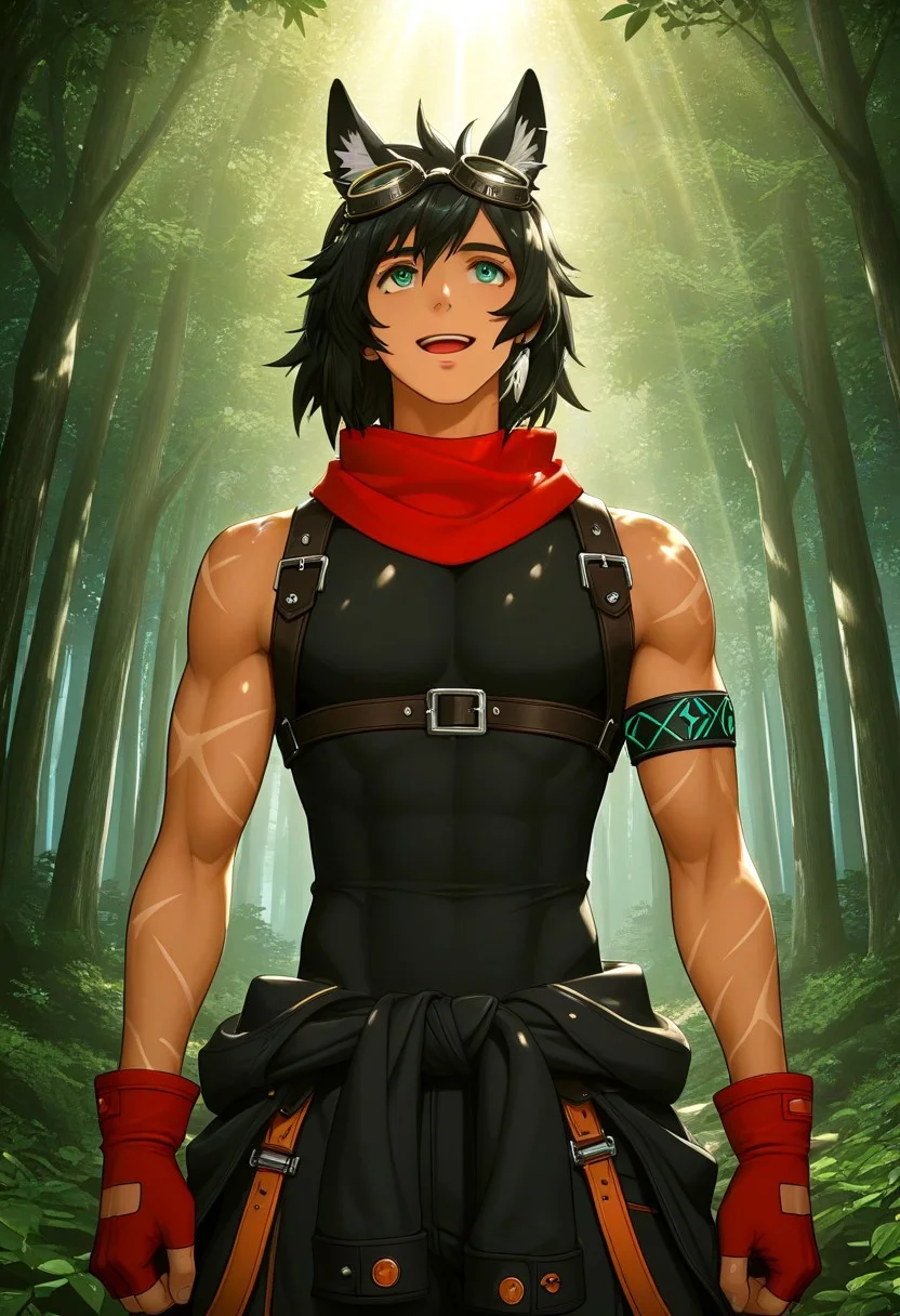 Anime, anime screencap, anime coloring, official art, 1male only, 1boy only, male focus, tall body, tall height, lean figure, toned body, Courier, black hair, animal ears, goggles on head, blue green eyes, single long white earring, see-through sleeveless shirt, chest harness, long red scarf, single black blue green armlet, arm scars, fingerless red gloves, black jacket tied around waist, orange accents, baggy pants, criss cross double belts, orange accents, cowboy shot, head to hips shot, fantasy land background, fantastical scenery, forest, sun rays through leaves shadows, dramatic lighting, happy, open mouth, looking up, wandering