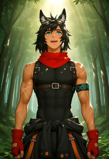 Anime, anime screencap, anime coloring, official art, 1male only, 1boy only, male focus, tall body, tall height, lean figure, toned body, Courier, black hair, animal ears, goggles on head, blue green eyes, single long white earring, see-through sleeveless shirt, chest harness, long red scarf, single black blue green armlet, arm scars, fingerless red gloves, black jacket tied around waist, orange accents, baggy pants, criss cross double belts, orange accents, cowboy shot, head to hips shot, fantasy land background, fantastical scenery, forest, sun rays through leaves shadows, dramatic lighting, happy, open mouth, looking up, wandering