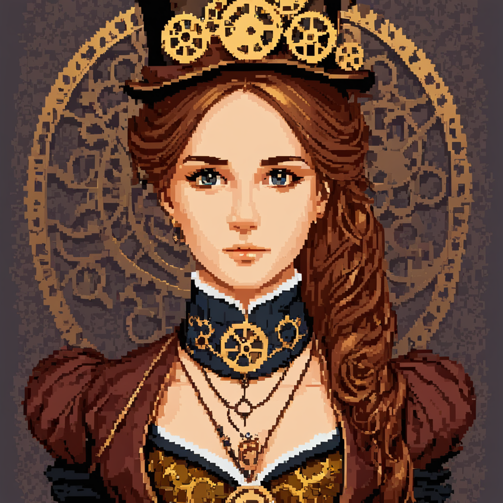 pixel-art pixelartlora, 1girl, solo, portrait . low-res, blocky, pixel art style, 8-bit graphics, pixelartlora, 1girl, solo, portrait,Steampunk Fantasy Portrait,Victorian attire, intricate gears, brass elements, detailed textures