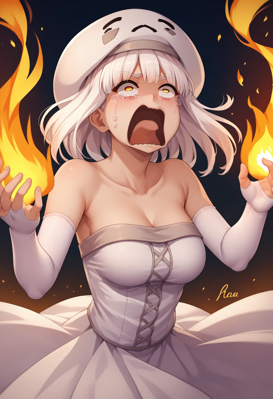score_9, score_8_up, score_7_up, source_anime, 1girl, Ghast-chan, large breasts, hat, white dress, bare shoulders, elbow gloves, fingerless gloves, <lora:Ghast_XLPD:1>, white hair, fire, surrounded by fire, fireball, on fire, <lora:concept_aquascreaming_ponyXL:1> aquascreaming, screaming, open mouth, crying with eyes open, hat on fire, yellow eyes,