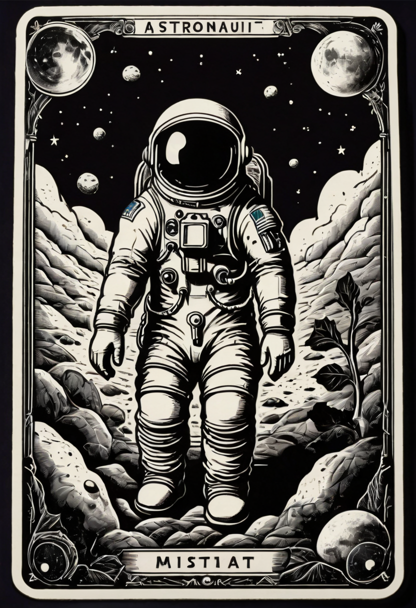 tarot_card, Astronaut, front perspective, flat, frame,( square:1.1), (white outline:1.2)  <lora:tarot_card:1>