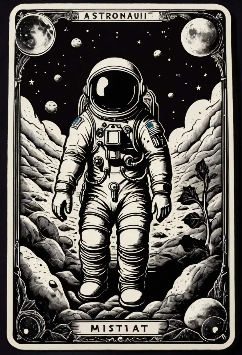 tarot_card, Astronaut, front perspective, flat, frame,( square:1.1), (white outline:1.2) <lora:tarot_card:1>