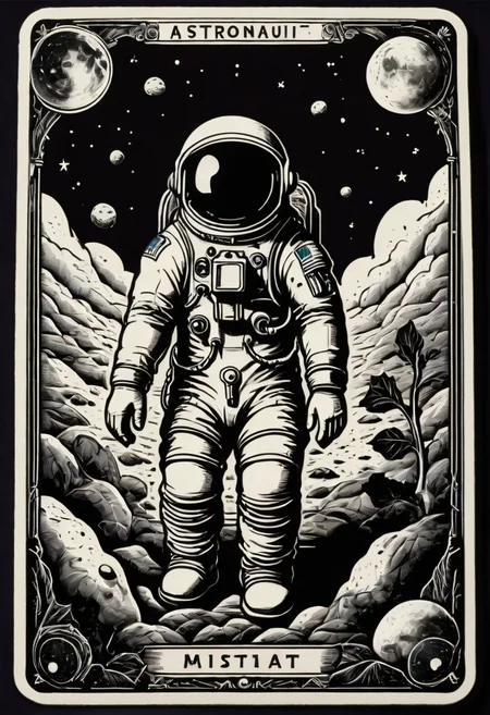 tarot_card, Astronaut, front perspective, flat, frame,( square:1.1), (white outline:1.2) <lora:tarot_card:1>