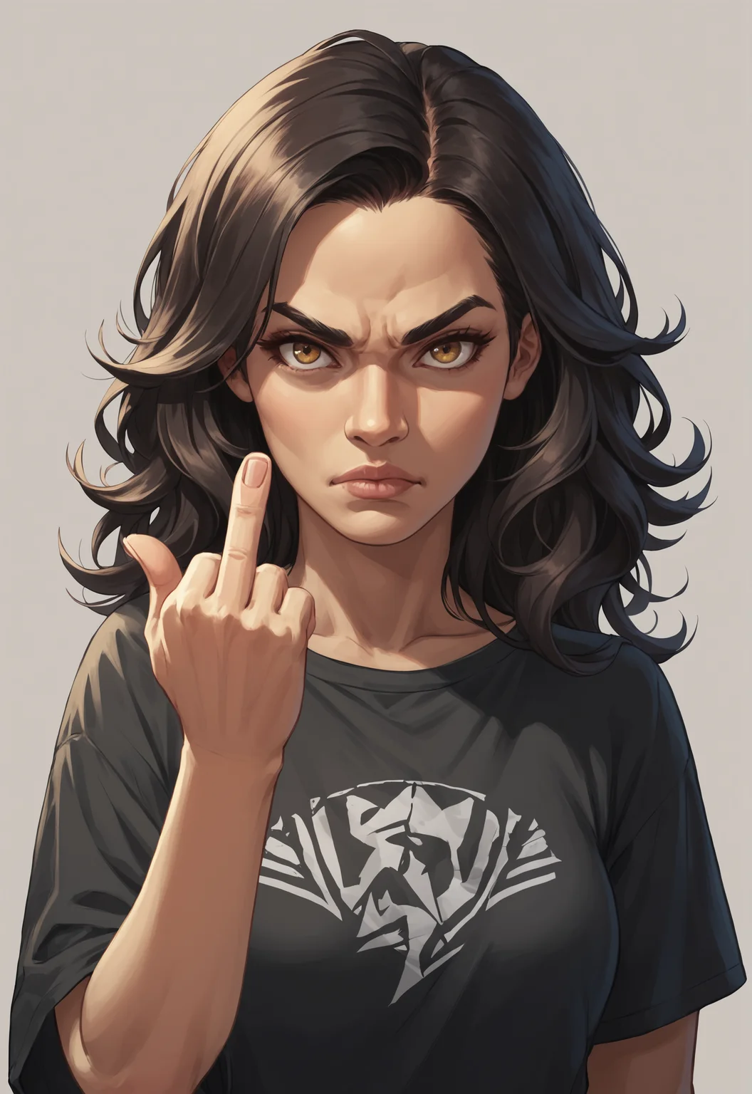 score_9, score_8_up, score_7_up, a woman with dark hair, quiff hair, golden throphy in hand, middle finger up