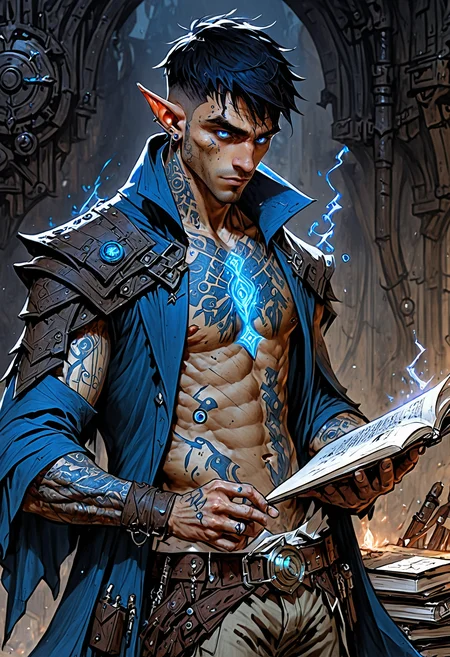 ultra detailed, masterpiece, dungeons & dragons art, male Elf detective with blue tattoos, chest tattoos, short black hair, messy hair, long coat, shirtless, glowing eyes, holding a notebook, eberron, steampunk, <lora:EpicF4nta5yXL:0.8>