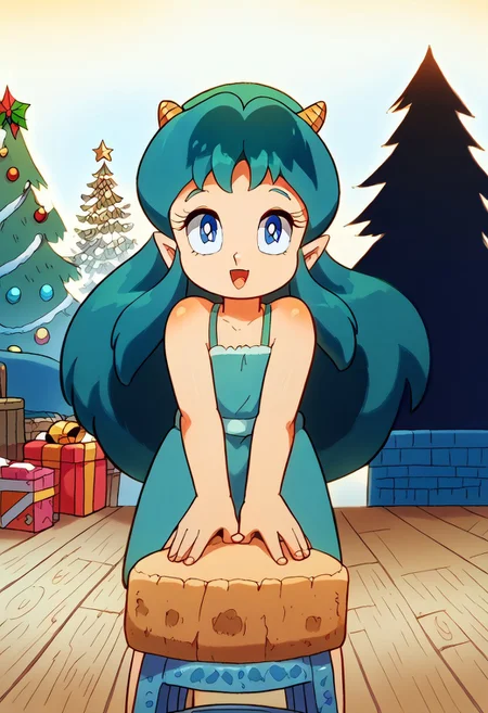 score_10, score_9, score_8_up, retro, source anime, flat color, (ultra-detailed), (masterpiece), (best quality), dark theme, low light, 1980's style, score_anime, sharp lines. 1girl, lum, child, solo, Beautiful, cute girl, yellow (tiny horns), (tiny pointy ears:0.7), green hair, blue eyes, aqua hair, <lora:Commission-Urusei_Yatsura_80s-Lum-PDXL:0.8> , A child stands on a stool, wearing a green elf costume, reciting poetry in the festive atmosphere of a living room. The Christmas tree, adorned with ornaments and lights, towers behind him, its presents neatly arranged beneath. Soft golden lighting illuminates the scene, with a hint of sparkle from the tinsel and baubles. green elf of Santa dress, anime screencap, 1girl, solo, Expressiveh, perfect hands, 3m0t3, dynamic pose, standing on stool, looking at viewer, shy, happy, perfect hands, perfection Foot, bbka_style