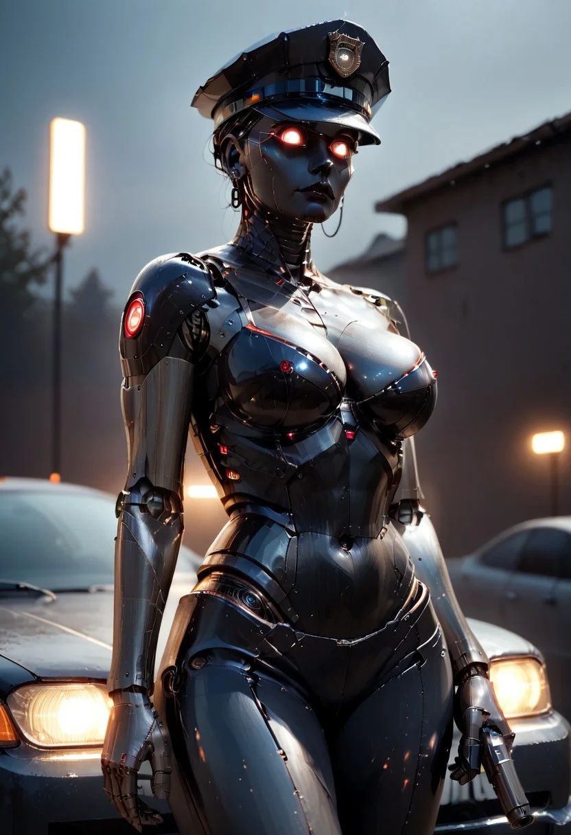 score_9, score_8_up, score_7_up, Ultra detailed digital art masterpiece, Extremely detailed robotics, (cop woman), (full bionic female grey squared armor), huge voluptuous boobs, cleavage, holding rapid fire handgun, getting out of police car, night foggy scene, police red blue lights, raytracing, reflections, greebles, technocore, Laser sharp Immense detail, photoreal, photographic, concept art, cinematic lighting, cinematic composition, rule of thirds,