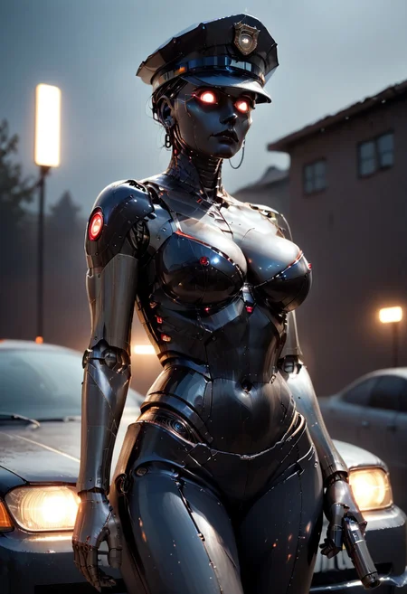 score_9, score_8_up, score_7_up, Ultra detailed digital art masterpiece, Extremely detailed robotics, (cop woman), (full bionic female grey squared armor), huge voluptuous boobs, cleavage, holding rapid fire handgun, getting out of police car, night foggy scene, police red blue lights, raytracing, reflections, greebles, technocore, Laser sharp Immense detail, photoreal, photographic, concept art, cinematic lighting, cinematic composition, rule of thirds,