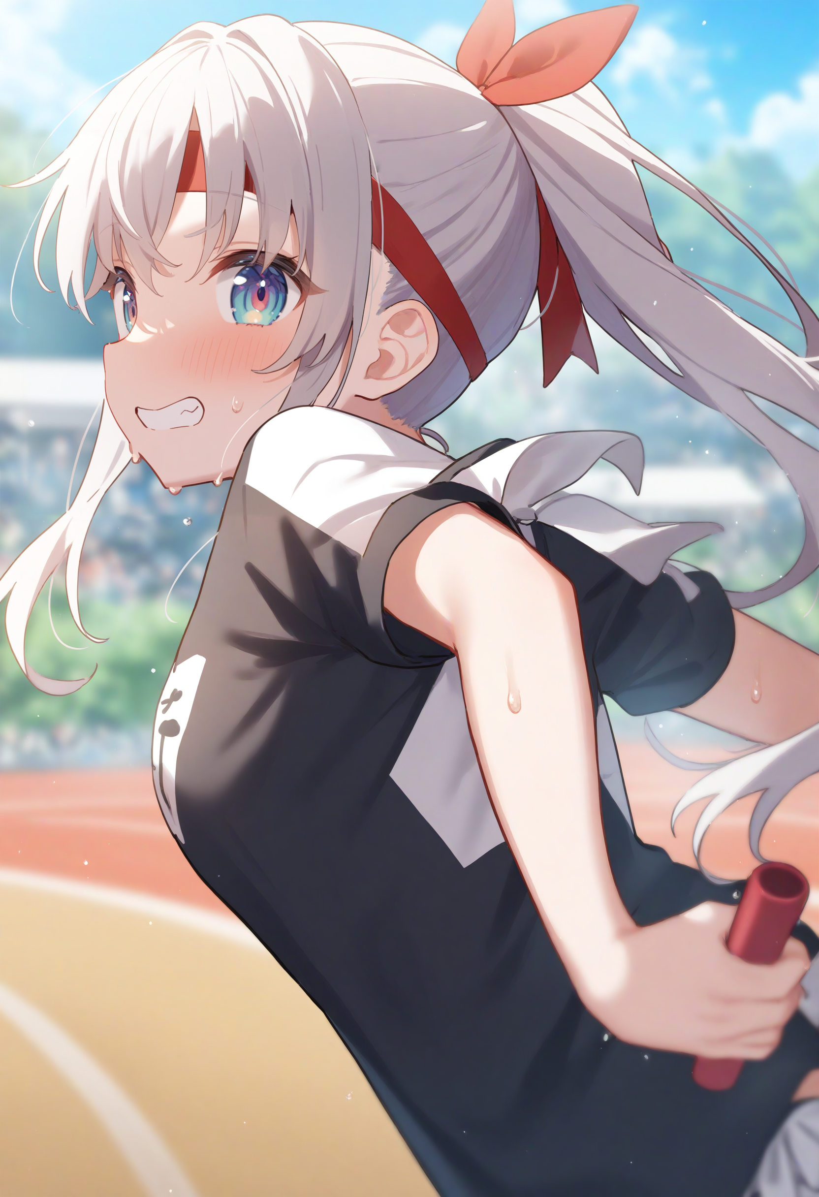 1girl,sincos, ningen mame, toosaka asagi,solo,medium breasts,20yo,maid,maid headdress,
relay baton, holding,day, outdoors, sports festival, red headband,running, sweat, <lora:relaybaton_XL_v1:0.8>
from behind, upper body, looking back, silver hair, brown eyes,grin,  closed mouth, ponytail hair,,
best quality, very aesthetic, absurdres