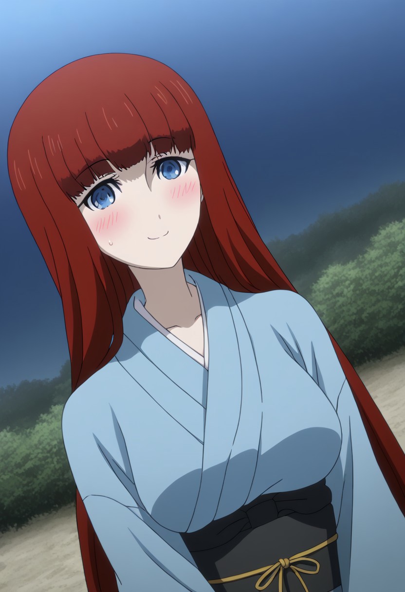rating_safe, Ultra-high-detailed Anime illustration of Kagari Shiina from Anime Steins;Gate 0. The artwork features Kagari in a solo, standing position with a outdoors, flield and background, background in the sky. night time. night.
She is depicted with intricate details showcasing her large breasts, natural_breasts. She is a white skinned, 22 years old woman. Kagari is looking_at_viewer with perfect_eyes, Her pupils are highly detailed. The eyes are open. blue eyes. Kagari's eyes are highlighted. Highlighted eyevrows. 
She has long hair, red colored hair, styled in blunt bangs and floating hair.
She is wearing a blue kimono and black shoes. japanese kimono, kimono.
The artistic style is intricate_details_xl with a focus on Anime art. The color palette emphasizes red and black with detailed strokes to bring out the character's features. The lighting creates dramatic shadows and highlights, adding depth to the artwork. The perspective is from a face focus, dutch angle to enhance the impact of the character's expression. This masterpiece is a true portrayal of Kagari's complex personality and will captivate any fan of Kagari. uncensored, upper body, blushing, smile, Kagari Shiina,
perfecteyes,
<lora:Steins_Gate:1>
kimono
happy new year!