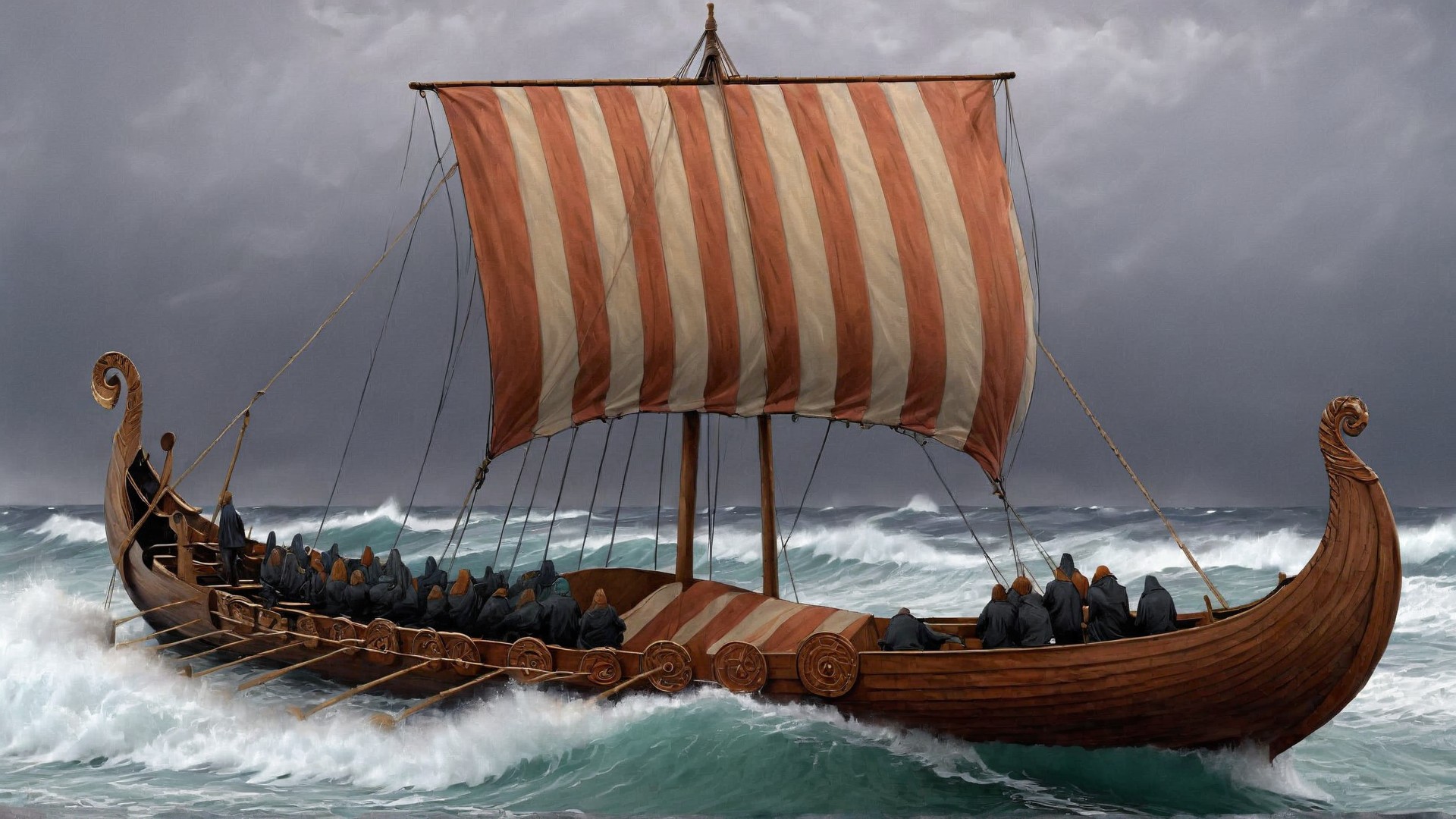 fantasy Art Deco a Viking longboat with a striped sail and round shields on the side, huge stormy waves, copper-toned,  cs-h0rsey-01-1000, intricate, crisp lines, <lora:Viking_Ship:1>