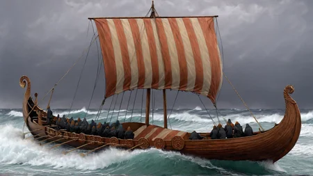fantasy Art Deco a Viking longboat with a striped sail and round shields on the side, huge stormy waves, copper-toned, cs-h0rsey-01-1000, intricate, crisp lines, <lora:Viking_Ship:1>