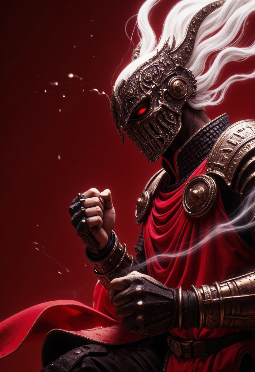 Kneeling action Scene, Fist Up fight stance, Fight stance, Action Pose, action scene, floating particles, high Budget Anime sequence, ethereal wings, S1n0z1ck style, extreme Closeup of an retro art Ninja, flat color two toned in red and white, resembling a mushroom syberian masked intricate designed haitian Warrior in Relief high collar metal armor, cinematic lighting, insane details, hyperrealistic extreme closeup macro photography, 64 megapixel DSLR