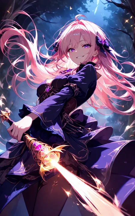 from_below,dynamic_angle,evil witch,dark forest,holding magic wand,glowing wand,evil smile,(crazy_smile:1.1),eerie smile,messy long hair,dramatic lighting,cinematic shot,looking at viewer,magical mist,detailed face,fantasy setting,dark ambiance,(best quality:1.1),(masterpiece:2),(illustration, 8k CG, extremely detailed),ultra-detailed,Cinematic Lighting,<lora:detailed_notrigger:1>,<lora:xl_more_art-full_v1:0.8>,CivChan,purple eyes,pink hair,<lora:civichan-base-01-XL>,