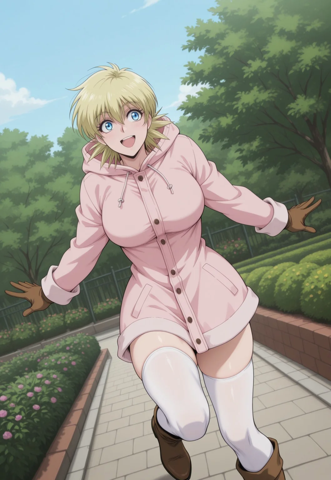 safe_pos, score_9, score_8_up, score_7_up, masterpiece, best quality, very aesthetic, SerasVictoria, 1girl, solo, female focus, blonde hair, short hair, blue eyes, large breasts, PinkCoatSeras, alternate costume, brown gloves, hooded coat, pink coat, hood down, white thighhighs, brown boots, outside, garden, happy, dynamic pose, perspective