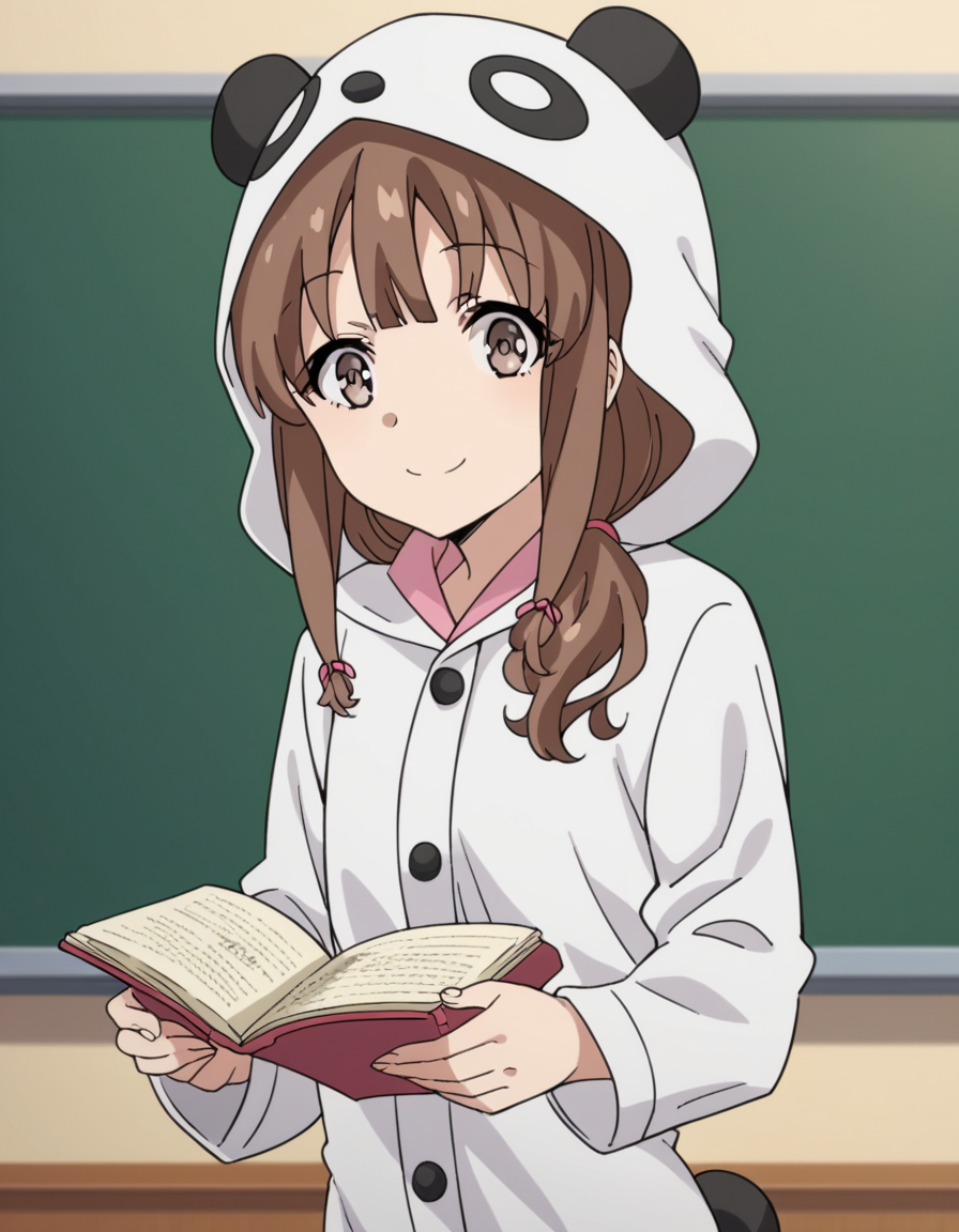score_9, score_8_up, score_7_up, source_anime, <lora:kaede-azusagawa-s1-ponyxl-lora-nochekaiser:1>, kaede azusagawa, long hair, bangs, brown hair, brown eyes,, animal ears, tail, hood, pajamas, animal hood, animal costume, panda ears,, school uniform, classroom, chalkboard, day time, studying, smile, looking at viewer, solo,, cowboy shot, dutch angle
