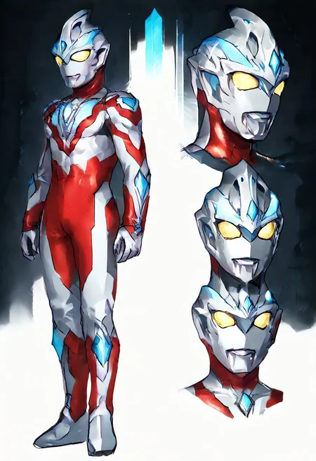 masterpiece, best quality, solo, male-focus, 1boy, alien boy, arc ultraman, reference sheet, simple white background, (color guide:1.2), (multiple views), (full body), CharacterDesignXL, (CharacterSheet:1), reference sheet, (full body, from side, front:1.1), upper body, cartoon,simple black background, flat color