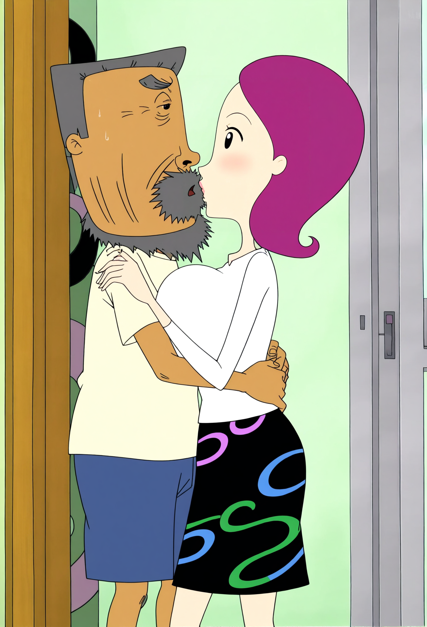 masterpiece,best quality,amazing quality,anime screencap,absurdres,anime coloring,
<lora:Zxlï¼Nyy-IL V1:1>,1girl,ZhangXiaoLi,purple hair,short hair,black eyes,huge breasts,
1boy,NiuYeYe,old man,facial hair,grey hair,indoors,hug,kiss,
