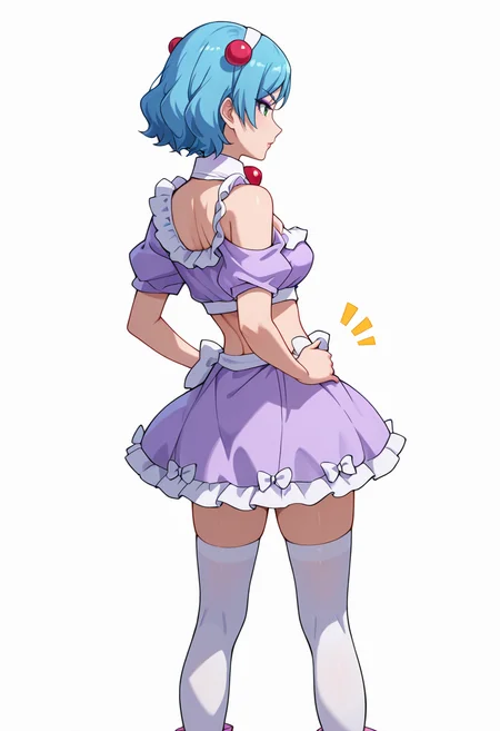 Smooth Quality,masterpiece,very intricate, high quality details, ultra realistic, high detailed skin,detailed enviorement,absurdres,
<lora:Miyabi_CNR:0.8> miyabi_cnr, 1girl,blue hair, short hair,green eyes, medium breasts,makeup, eyeshadow,midriff,crop top, skirt, purple skirt, dress, purple dress, detached collar, thighhighs, white thighhighs, hairband, hair ornament, hair bobbles,pink platform footwear,, simple background, white background, from behind,solo,
dynamic twist, one shoulder forward, opposite hip thrust back, weight shift ,, uwu,