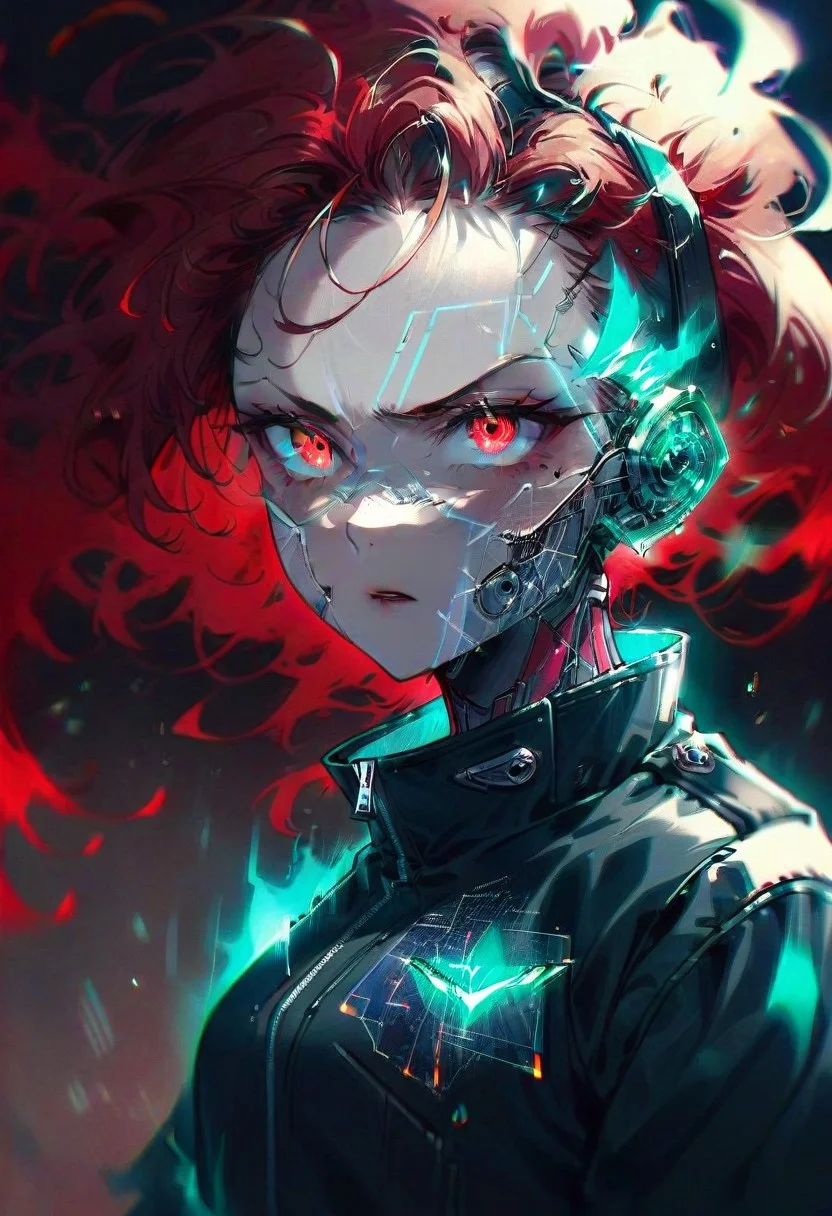 mechanical parts, wires, cables, cyberpunk, closeup portrait of a angry woman with a half robot face, pastel red/white colored, assassinkahb style, closeup photo of an wired-cyborg assassin with half robot face wearing a motorcycle jacket, solo, simple background, woman, high collar parka, upper body, female focus, long hair in wind, burning hair, burning eyes, clothes writing, hlpr, futuristic, holographic face, (hologram:1.2), holo, emeraldmorph