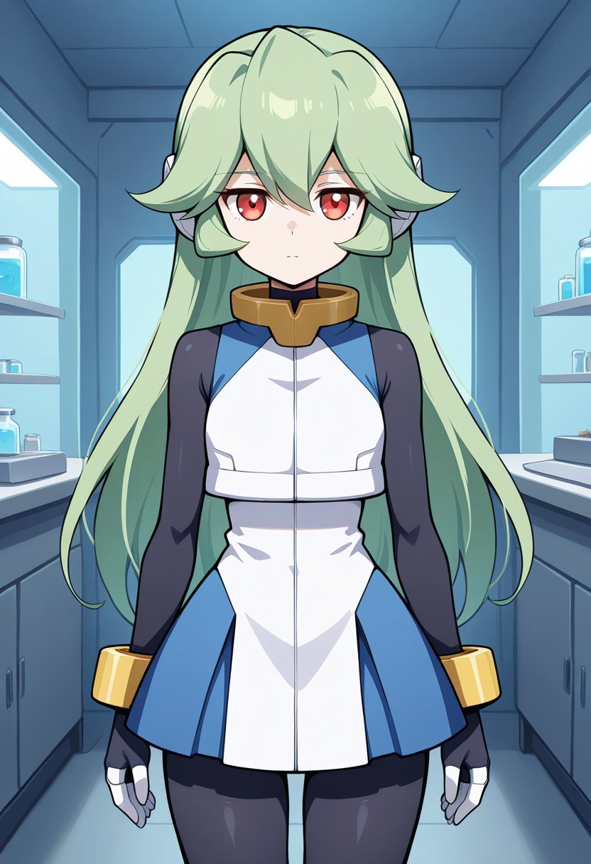 1girl, solo, pandorazxa, reploidform, green hair, long hair, red eyes, robot ears, crop top, dress, sleeveless, bodysuit, bracelet, anklets, cowboy shot, indoors, laboratory, standing, straight on, expressionless,
