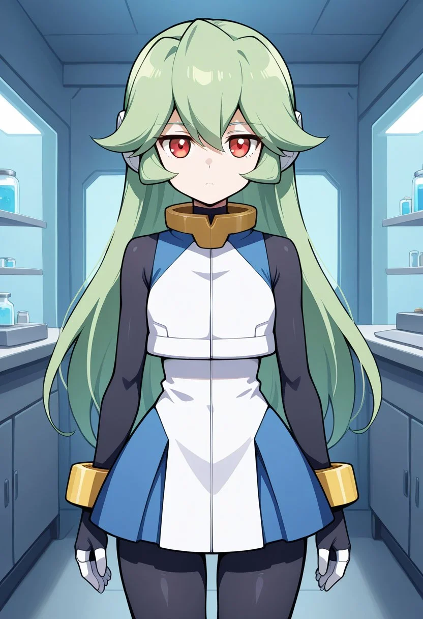 1girl, solo, pandorazxa, reploidform, green hair, long hair, red eyes, robot ears, crop top, dress, sleeveless, bodysuit, bracelet, anklets, cowboy shot, indoors, laboratory, standing, straight on, expressionless,