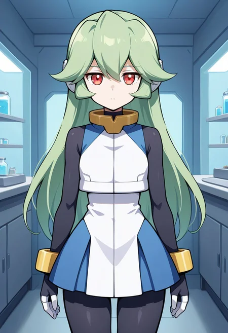 1girl, solo, pandorazxa, reploidform, green hair, long hair, red eyes, robot ears, crop top, dress, sleeveless, bodysuit, bracelet, anklets, cowboy shot, indoors, laboratory, standing, straight on, expressionless,